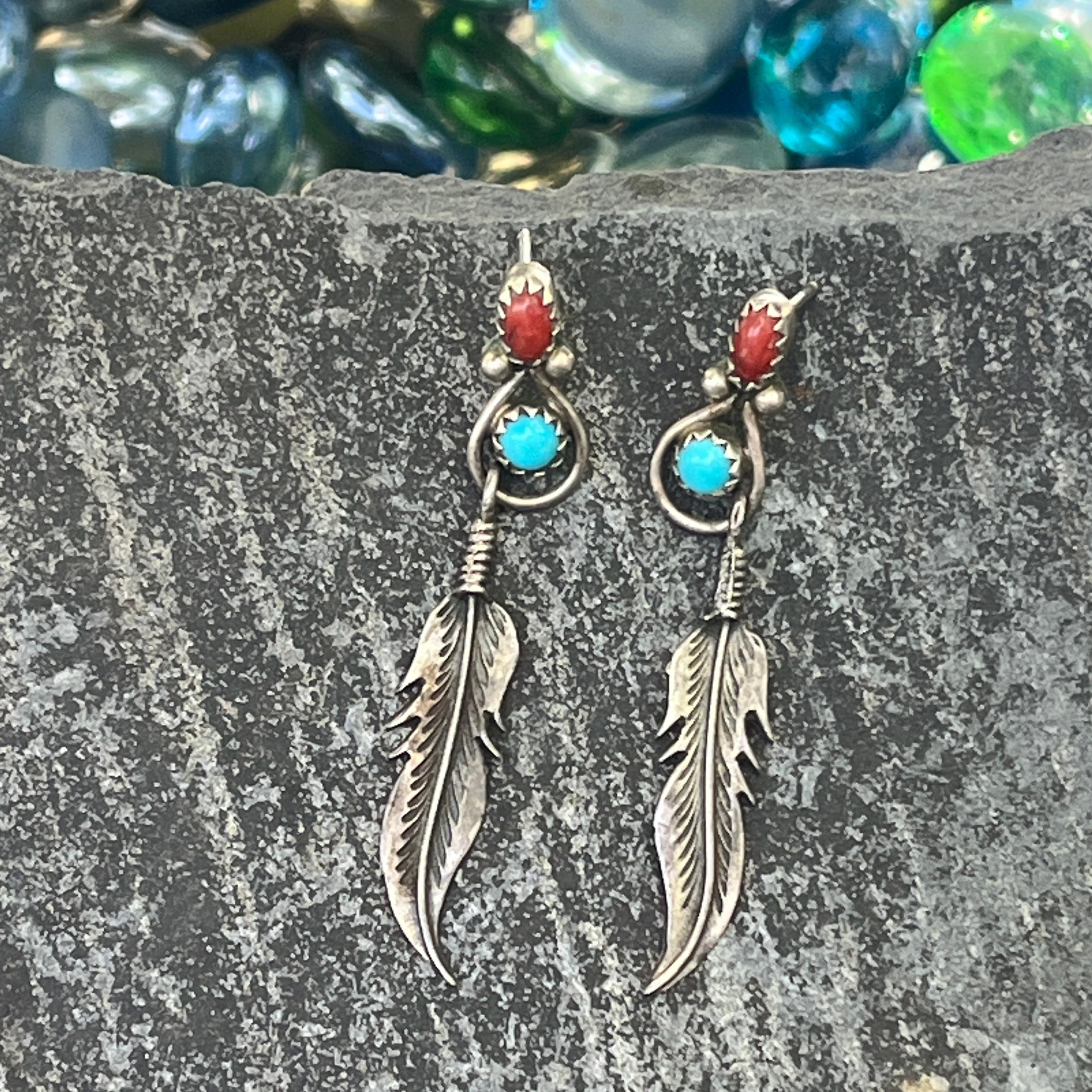 Navajo Sterling Feather Earrings Native American Turquoise Jewelry Coral Vintage