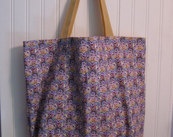 purple and gold print lined cotton fabric tote bag, shopping bag