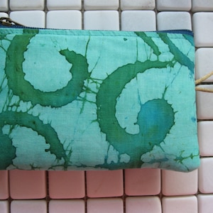 padded zipper pouch in teal swirl print batik fabric image 1