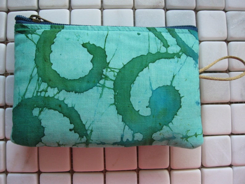 padded zipper pouch in teal swirl print batik fabric image 1