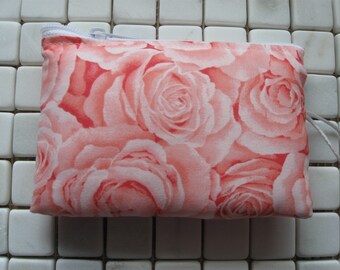 salmon pink rose print padded makeup jewelry bag