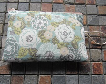 light teal flower print padded makeup jewelry bag