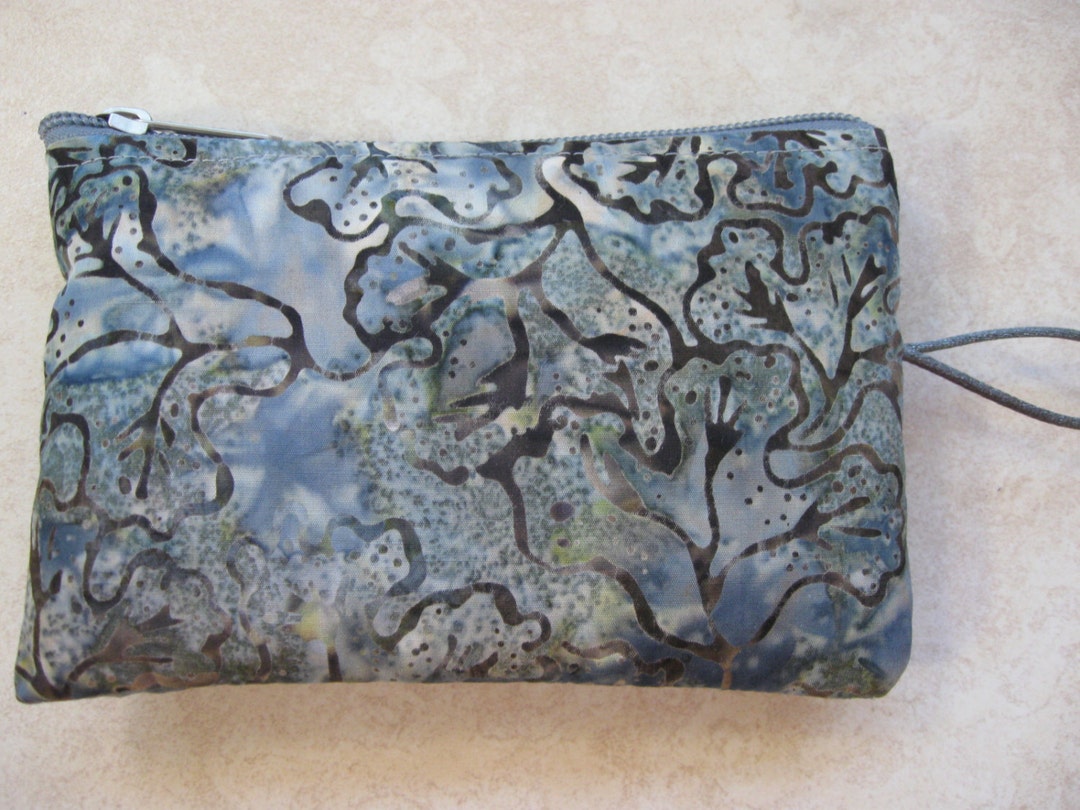 Steel Blue Leaf Print Batik Fabric Padded Makeup Jewelry Bag - Etsy