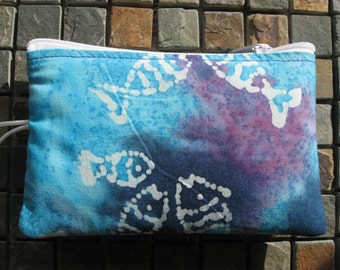 blue and purple fish batik print padded zipper bag