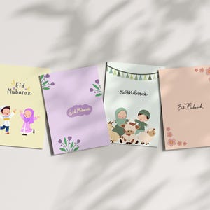 Conjunto de 4 cartões de Eid para crianças Cartões de Eid Mubarak para imprimir Cartões de felicitações islâmicos download digital 5x7 4x6 A6