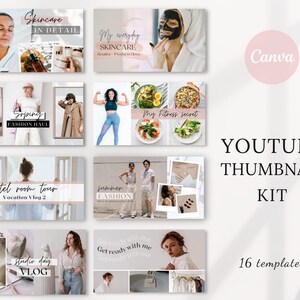 以下が含まれることがあります： 16個のYouTubeサムネイルテンプレートのコレクション。サムネイルは、スキンケア、ファッションホール、フィットネスの秘密、ホテルの部屋ツアー、スタジオVlogなどのテーマを特徴としています。「Canva」という単語はピンク色の円の中にあり、「YOUTUBE THUMBNAIL KIT」というテキストが表示されています。