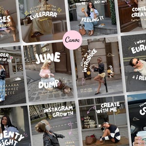 May include: A collage of twelve social media post templates featuring various lifestyle images, including people in casual outfits, city streets, and coffee, overlaid with white hand-lettered text and decorative doodles, all centered around a Canva logo.