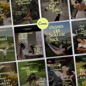 Puede incluir: Un collage de doce imágenes cuadradas que muestran diversas escenas de personas en la naturaleza y en interiores, superpuestas con grandes citas en texto amarillo sobre autorreflexión, crecimiento personal y experiencias emocionales, con un logo Canva central.