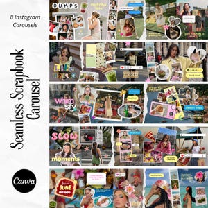 Könnte beinhalten: Eine digitale Collage-Vorlage für Instagram-Karussells mit mehreren Fotorahmen, gerissenen Papierkanten und Texteinblendungen wie DUMPS, Life Update, whimsify, slow moments und June. Das Layout enthält verschiedene Lifestyle-Bilder.