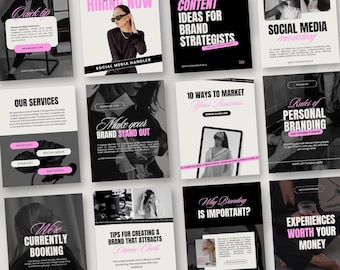 May include: A collection of black and white Instagram story templates with pink text. The templates feature text about branding, social media, and marketing. Some templates include images of people.