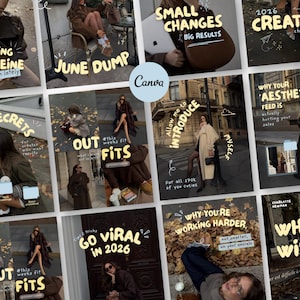 Puede incluir: Una cuadrícula de doce plantillas para publicaciones en redes sociales con diversas fotografías de estilo de vida, incluyendo escenas callejeras, café y moda, con superposiciones de texto amarillo estilo manuscrito como Surviving on Caffeine y June Dump.