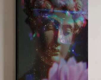 Neon Floral Greek Statue Canvas Art, Glitch Aesthetic Framed Wall Decor, Digital Vaporwave Flower Head Print for Modern Artistic Interiors