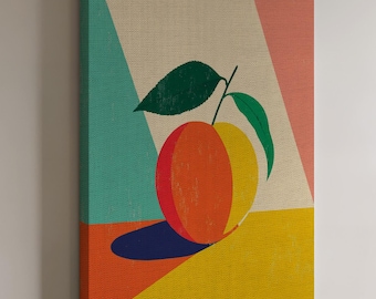 Retro Peach Canvas Wall Art, Color Block Fruit Pop Print, Minimalist Mid Century Poster for Framed Kitchen or Dining Room Wall Decor