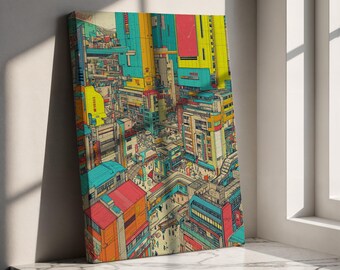 May include: A colorful cityscape art print on canvas. The artwork depicts a dense urban environment with buildings in shades of yellow, blue, red, and orange. The print is leaning against a white wall and a marble surface, with sunlight casting shadows.