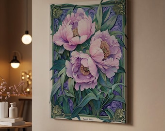 Lienzo decorativo con diseño floral de peonía enmarcado, impresión botánica vintage en rosa pastel y verde, regalo floral de inspiración Art Nouveau para amantes de la naturaleza.