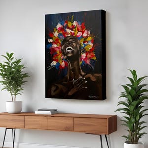 Colorful Hair Smiling Black Woman Oil Painting Wall Art, Framed Portrait Canvas Wall Decor, Portrait Wall Art, Portrait Canvas Decor