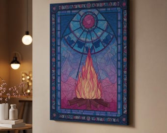 Lienzo de vitral enmarcado con fuego, obra de arte de llamas de fogata místicas, impresión simbólica vibrante, regalo para decoración espiritual o bohemia del hogar.