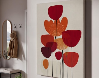 Lienzo floral abstracto moderno enmarcado para pared, estampado minimalista de flores rojas y naranjas, regalo de decoración contemporánea para interiores artísticos y acogedores.