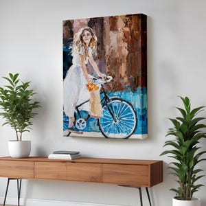 Girl İn White Dress Riding Bicycle Wall Print, Large Wall Hanging,  Canvas Room Decor,  Home Decor Canvas,  Framed Canvas Wall Art