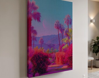 Framed Neon Desert Landscape Canvas, Vibrant Palm Tree Moon Art Print, Pink Blue Fantasy Wall Decor, Surreal Nature Poster For Home