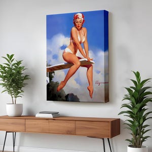 Bikini-Clad Sexy Woman On A Trampoline Decorative Wall Art, Framed Canvas Wall Art, Large Wall Art, Nü Canvas Wall Art, Nü Canvas Print