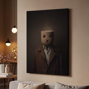 Surreal Anonymous Figure Canvas Art, Creepy Character with Mask and Coat, Gothic Portrait Print, Dark Wall Decor for Horror Art Lovers