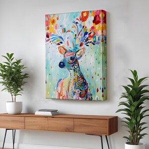Colorful Flower Detailed Deer Decorative Wall Art, Animal Modern Wall Art, Animal Canvas Wall Decor, Framed Canvas Wall Art