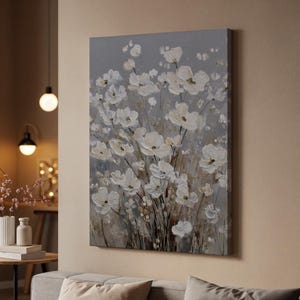 White Wildflower Field Canvas Art, Soft Floral Painting On Gray Background, Framed Botanical Wall Print For Nature-Inspired Home Decor