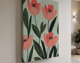 Inramad väggkonst med blommig tulpanmotiv, minimalistiskt botaniskt rosa och grönt blomtryck, vårträdgårdskonstverk som present för glada och fräscha interiörer