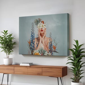 Portrait Of A Beautiful Woman Among Flowers Canvas Art, Framed Canvas Wall Art, Surreal Modern Wall Decor, Surreal Canvas Wall Art