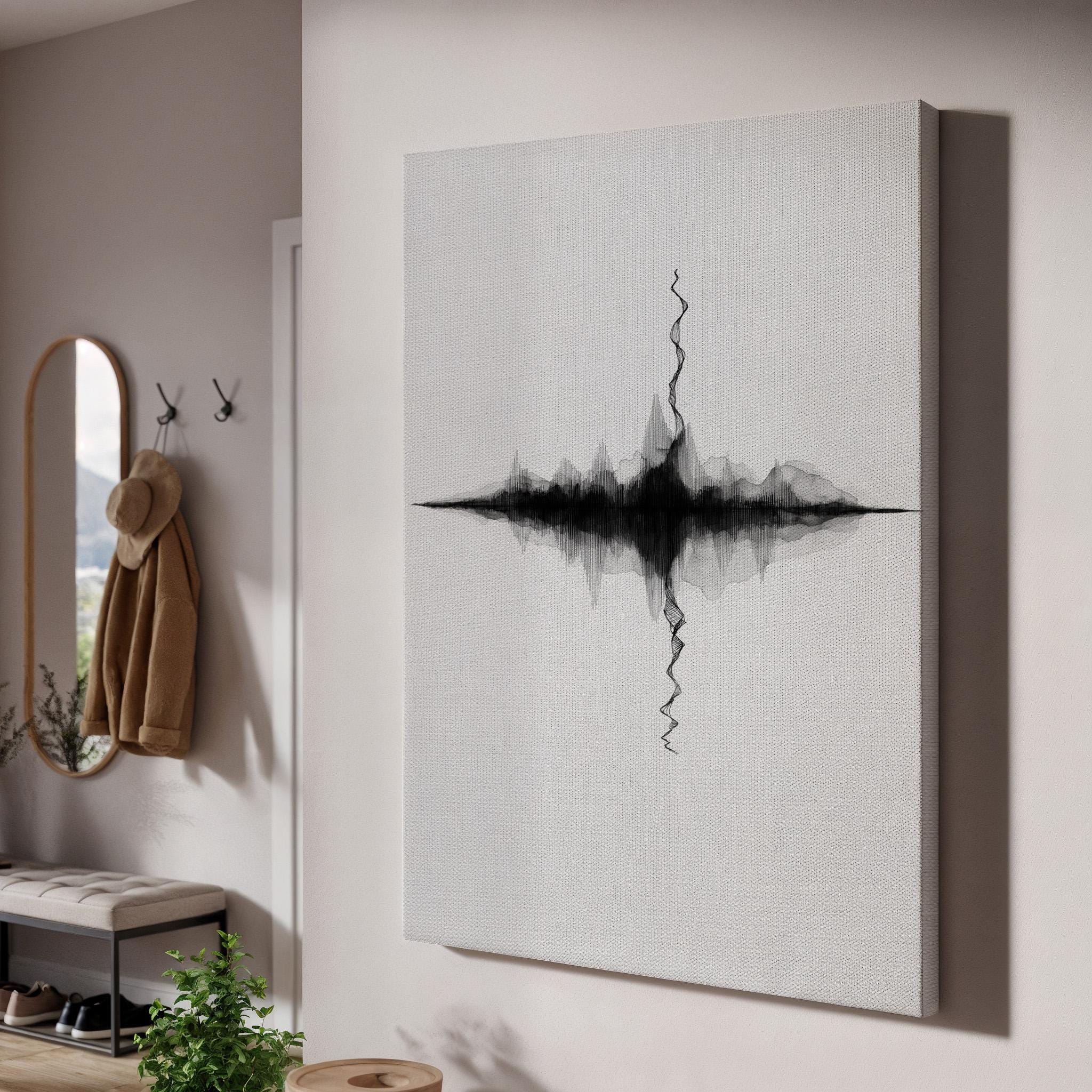 Soundwave Abstract Canvas, Black Waveform on White Wall Art