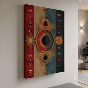 Framed Celestial Abstract Canvas, Sun Moon and Eye Symbols in Red Blue Gold, Mystical Spiritual Wall Art Gift for Cosmic or Boho Interiors