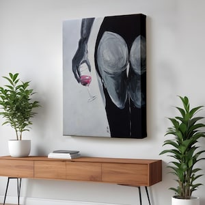 Sexy Woman Drinking Red Wine Wall Art, Nü Canvas Wall Art, Nü Modern Wall Decor, Housewarming Gifts, Large Wall Art, Framed Canvas Wall Art