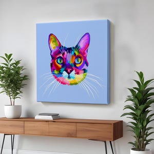 Colorful Cat Head Decorative Canvas Painting, Animal Modern Wall Art, Large Wall Art, Framed Canvas Wall Art, Animal Canvas Wall Art