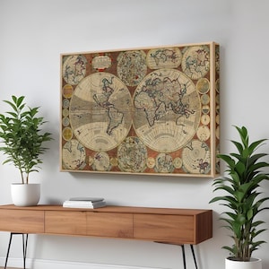 Vintage Retro Weltkarte Gemälde, gerahmte Leinwand Wandkunst, große Wandbehang, Leinwand Raumdekor, moderne Leinwand Wanddekor