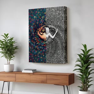 Lovers Among Flowers Wall Art, Surreal Canvas Print, Surreal Modern Wall Decor, Surreal Canvas Wall Art, Framed Canvas Wall Art