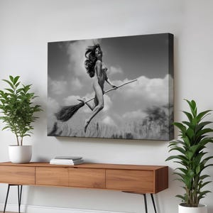 Naked Woman Flying With A Broom Canvas Painting, Nü Canvas Wall Art, Housewarming Gifts, Nü Modern Wall Decor, Framed Canvas Wall Art