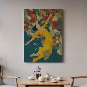 Framed Woman in Yellow Dress Canvas, Floral Fruit Fantasy Wall Art Print, Surreal Colorful Poster Gift for Botanical or Dreamlike Interiors