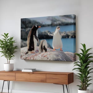 Happy Penguins Decorative Canvas Painting, Animal Canvas Wall Decor, Large Wall Art, Housewarming Gifts, Animal Canvas Wall Art