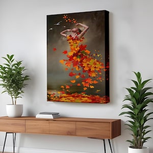 Woman İn A Leaf Dress Wall Art, Surreal Canvas Print, Surreal Modern Wall Decor, Framed Canvas Wall Art, Surreal Canvas Wall Art