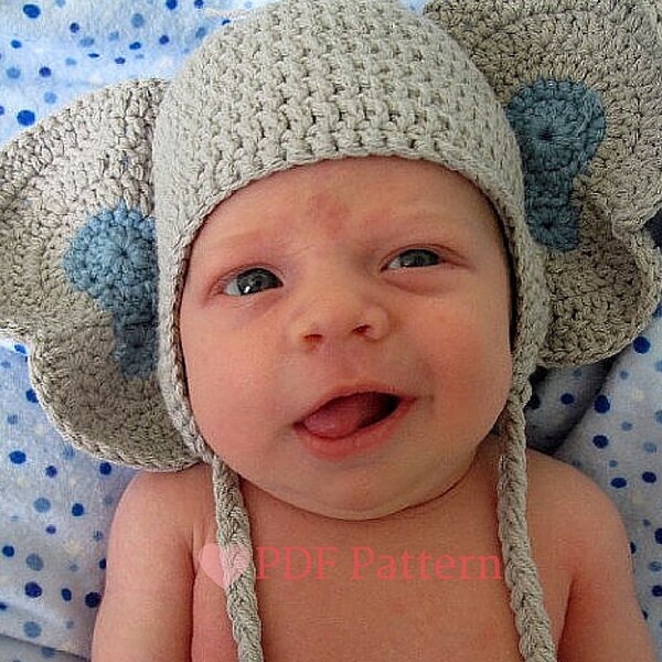 Elephant Crochet Hat, Baby Elephant Hat, Elephant Beanie, Crochet Hat Pattern, Newborn Gift, Newborn Photo Prop, PDF Pattern, Crochet Beanie