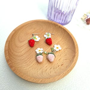 Strawberry Flower Earrings – Handmade Micro Crochet Fruit Jewelry | Red or Pink | Cute Gift for Her | Cottagecore Kawaii Style