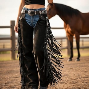 May include: Black suede leather chaps featuring long fringe detailing along the outer legs. The chaps are worn over blue denim jeans and secured with a wide black leather belt that has a large silver-toned metal buckle with turquoise accents.