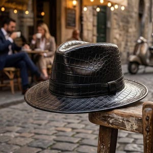 May include: A dark brown fedora hat with a textured crocodile skin pattern. The hat features a structured crown and a wide brim, with a matching band encircling the base of the crown. The surface has a glossy finish that reflects light.