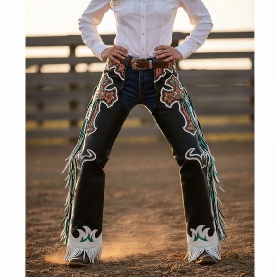Custom Hand Tooled Floral Rodeo Chaps, Western Cowhide Motorcycle Chaps
