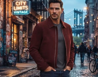 Men's Bomber Burgundy Suede Leather Jacket Handmade Harrington Jacket