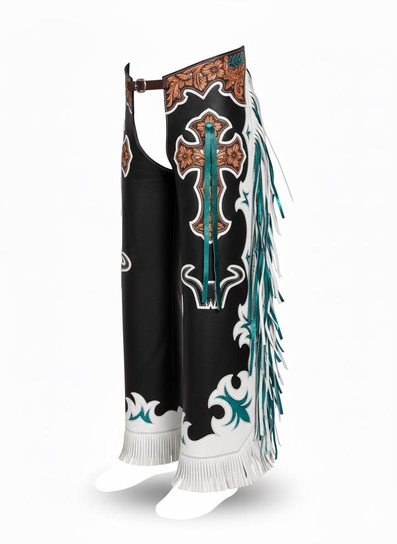 May include: Black leather chaps featuring a brown floral tooled leather waistband and upper yoke. The legs are decorated with a large brown tooled leather cross, teal ribbon accents, white leather overlays, and long white and teal fringe trim.