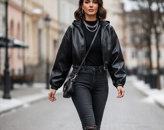 HandMade Genuine Women's Black Crop Leather Jacket Streetwear Gift For Him