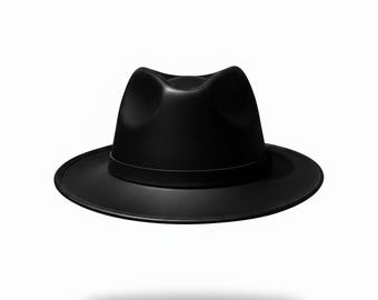 Puede incluir: Un sombrero fedora de color negro sólido que presenta una copa estructurada con tres hendiduras distintivas y un ala ancha y plana. El sombrero incluye una banda negra a juego que rodea la base de la copa, ofreciendo un aspecto uniforme.