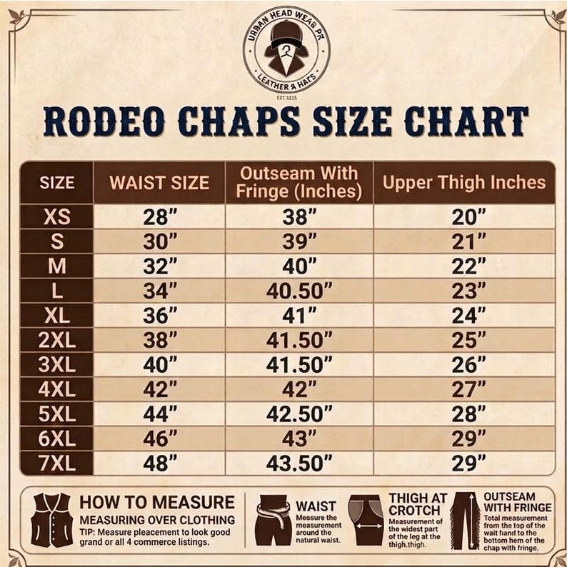 May include: A beige rodeo chaps size chart with dark brown text and borders. The chart lists sizes from XS to 7XL, including waist size, outseam with fringe in inches, and upper thigh inches. It includes a how to measure guide with icons.